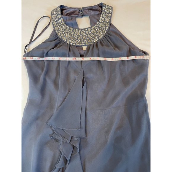 One By Eight Women Sheath Dress Chiffon Ruffle Beaded Halter Neck Keyhole Blue 4 - Picture 4 of 7
